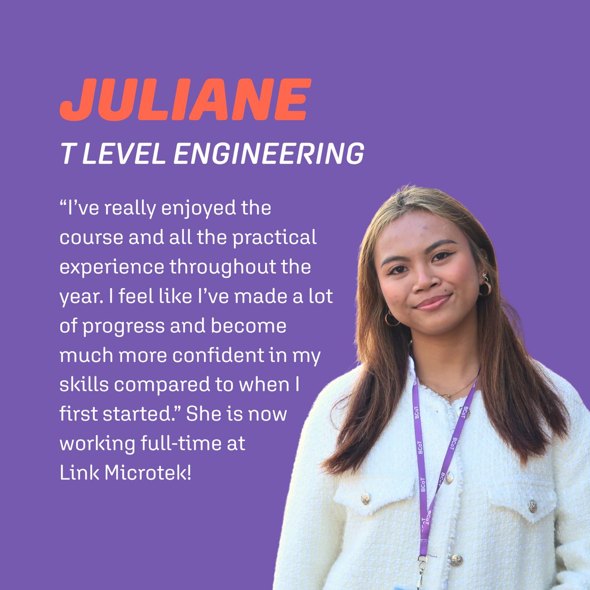 bcot's tweet photo. It's T Levels Week!

Today is Trailblazers Tuesday... we are highlighting where T Levels can lead.

Let's see what some of our students' plans were after completing their T Level...

#BCoT #TLevelsWeek #TrailblazersTuesday https://t.co/TtKDu4t5vO