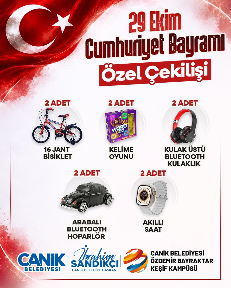 ibrahimsandikci's tweet photo. Bayram hediyeleriniz Canik Belediyesi'nden 📢

🎁 29 Ekim Cumhuriyet Bayramı Özel Çekilişi'yle birbirinden özel hediyeler sizleri bekliyor. 

2 adet |  16 Jant Bisiklet
2 adet |  Kelime Oyunu 
2 adet |  Kulak Üstü Bluetooth Kulaklık 
2 adet |  Arabalı Bluetooth Hoparlör 
2 adet |  Akıllı Saat

👇Çekilişe katılmak için👇 

💫 @ibrahimsandikci ve @samsuncanikbld takip et 
💫 Gönderiyi beğen ve RT yap
💫 2 kişiyi etiketle  

❗Son Katılım ❗

 ⏳ 29 Ekim 2026
 ⏰ 23.59

👉 Çekilişimiz ücretsiz ve Türkiye geneli katılıma açıktır. 
👉 Sonuçlar, 30 Ekim 2026 tarihinde sosyal medya hesaplarımızdan duyurulacaktır.
👉 Her iki etiket bir katılım sayılmaktadır. 

#29EkimCumhuriyetBayramı🇹🇷
#CanikBelediyesi
#Çekiliş
