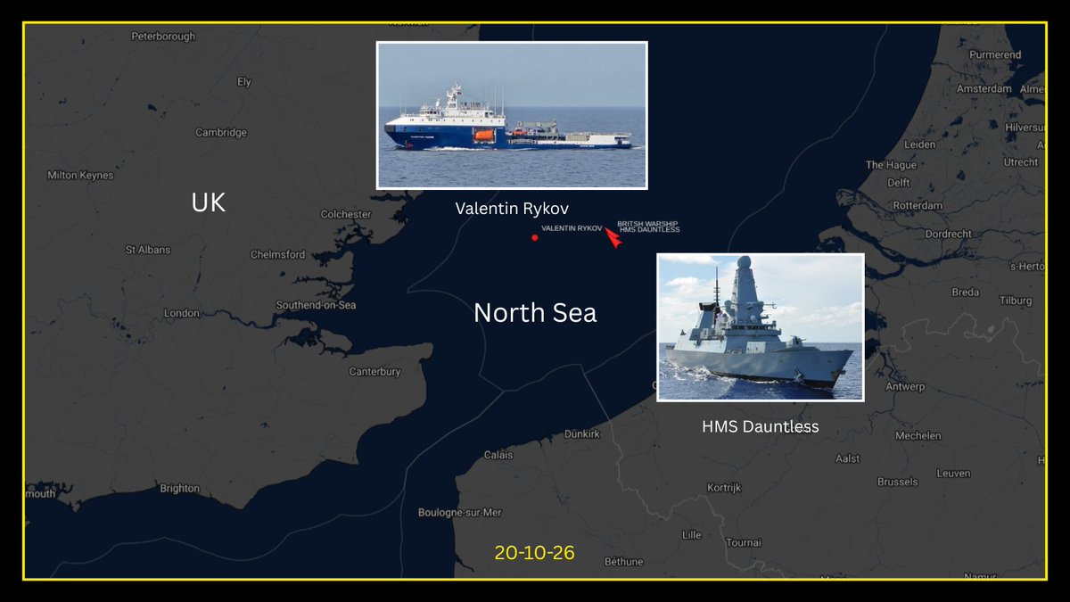 AirSpecInt's tweet photo. Maritime Activity - North Sea:

Russian:
Marine Tanker - Valentin Rykov (serial number 851) of project 03182

Royal Navy:
HMS Dauntless

20-10-26 https://t.co/3Dh7lIBmGk