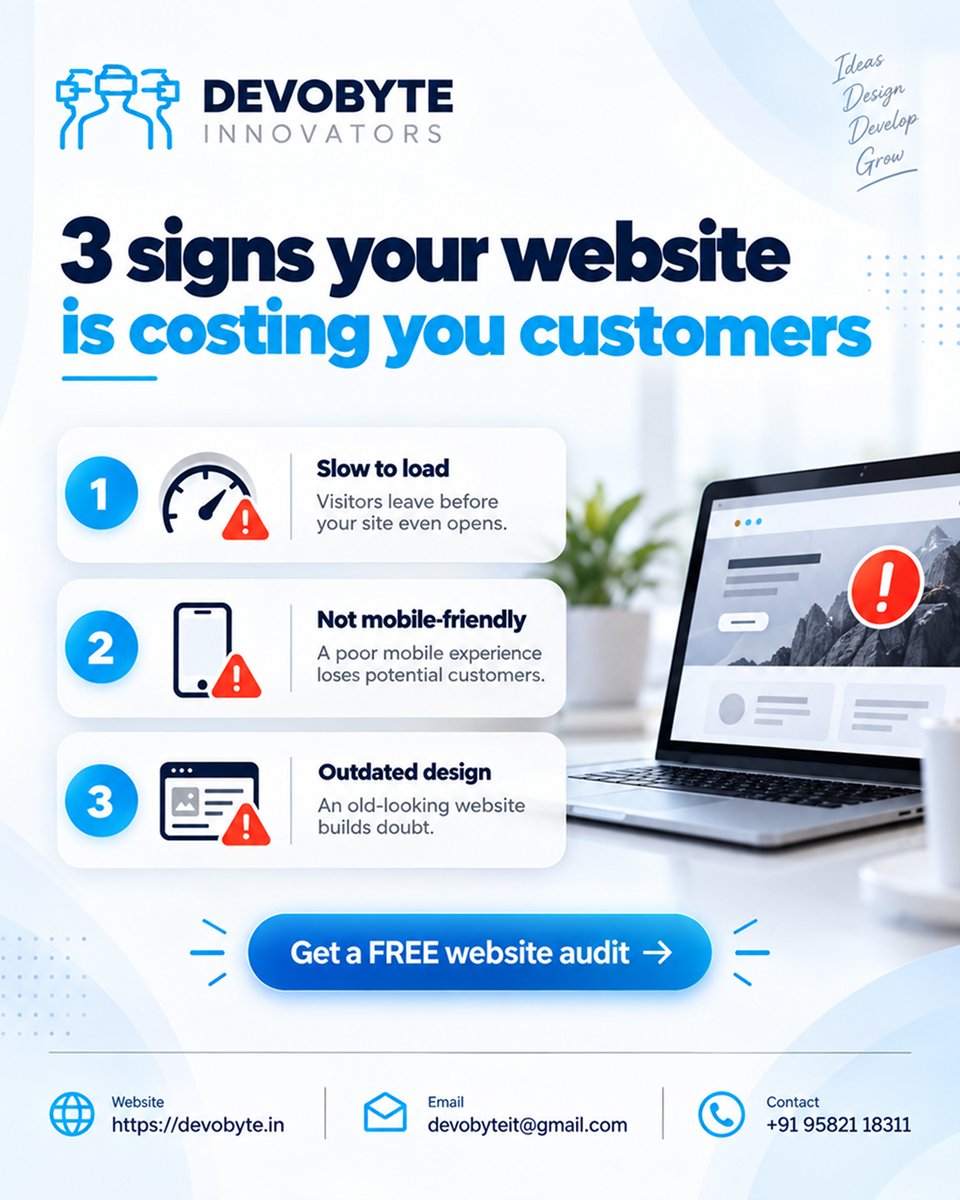 devobyte's tweet photo. 🐌 Slow loading
📱 Poor mobile experience
🎨 Outdated design
Don’t let visitors become lost opportunities! 🚀
✅ Get a FREE Website Audit today!

🌐 https://t.co/cYwL9ji230
📩 DM us to get started!

#Devobyte #WebsiteDesign #WebDevelopment #DigitalMarketing #WebsiteAudit https://t.co/aNbSQp5Mz9