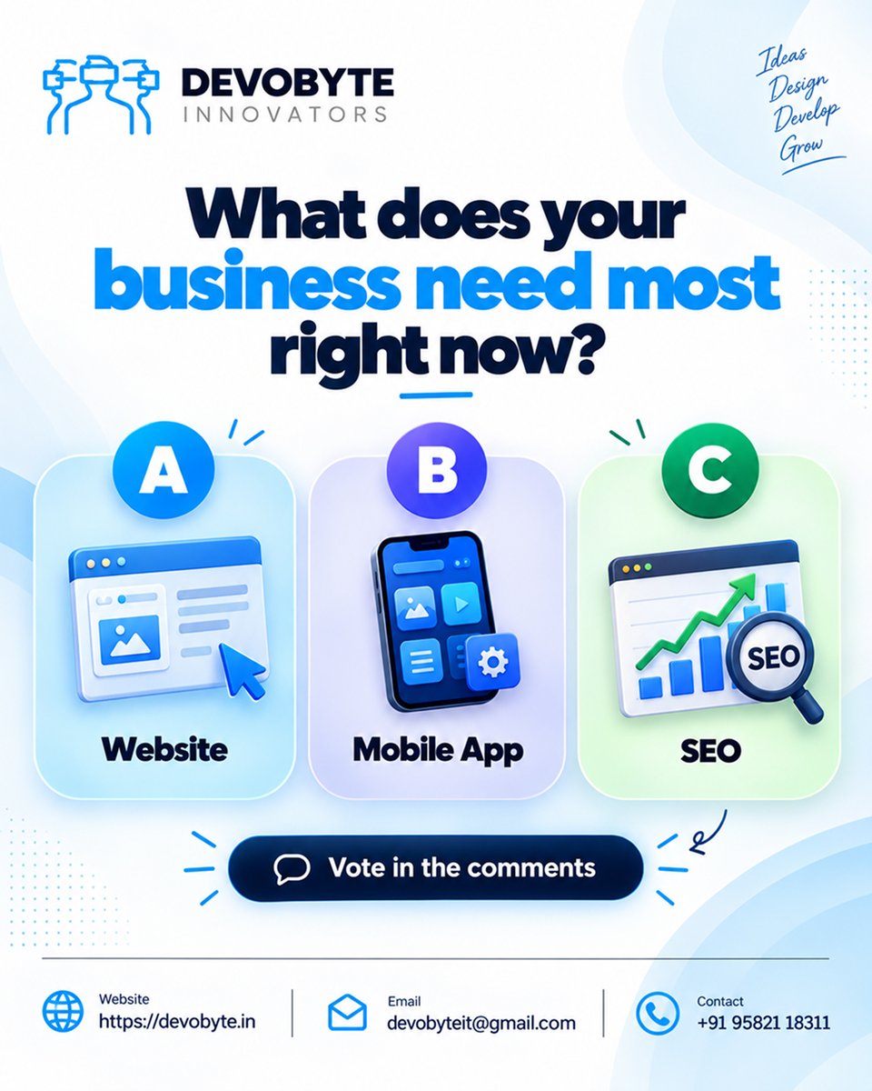 devobyte's tweet photo. 🚀 What does your business need to grow RIGHT NOW?
🌐 A Website
📱 A Mobile App
📈 Better SEO
Your next big growth opportunity starts here! 💡
👇 Comment A, B, or C and let’s hear your choice!

#Devobyte #BusinessGrowth #WebDevelopment #MobileAppDevelopment #SEO #DigitalGrowth https://t.co/7C6Hwtjab0