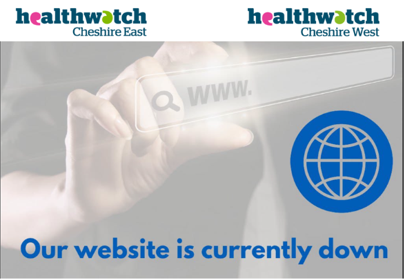 HealthwatchCE's tweet photo. Our websites are down at the moment due to a technical problem – we’re working to get them back up.

You can still reach us:
📞 0300 323 0006
📧 info@healthwatchcheshire.org.uk
💬 Or send us a message here
#HealthwatchCheshire https://t.co/dL3dh2mpFM