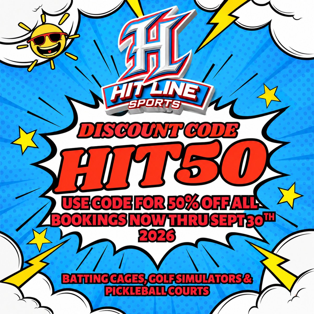 fukudashotzi's tweet photo. This one’s for you! Thank you to everyone who follows, likes, shares, comments, and supports Hitline Sports on Instagram and Facebook. Enjoy 50% off all bookings with code HIT50, valid through September 30, 2026. Batting cages, golf simulators, or https://t.co/9ybFOa0ofx