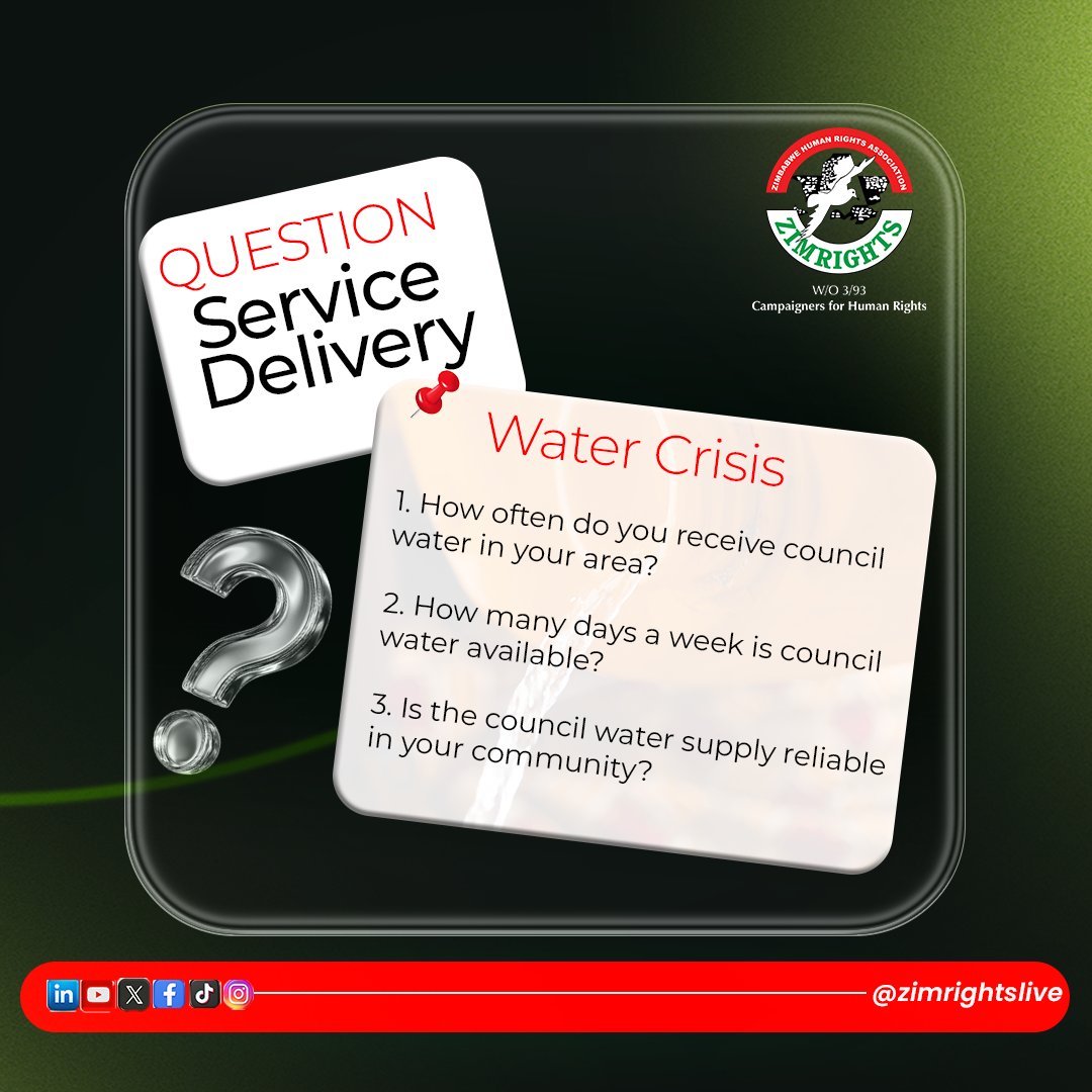 ZimRightsLIVE's tweet photo. #ServiceDelivery Water Crisis: Are citizens getting the service they deserve?

Access to safe and clean water is a fundamental human right, yet many communities continue to face water shortages and unreliable supply. Section 77 of Zimbabwe’s Constitution guarantees every person the right to safe, clean and potable water. But what does this right mean when taps run dry and communities struggle to access this essential resource? This raises important questions about service delivery, accountability and the fulfilment of citizens’ rights.

We want to hear from you, the citizens!

💧 How often do you receive running water in your community?

💧 How long can you go without water before supplies are restored?

💧 Where do you get water when your taps run dry and how much does it cost you?

Your experiences matter. Sharing them helps highlight service delivery challenges and encourages meaningful engagement between communities and responsible authorities.

📢 Tell us your story in the comments. What is the water situation where you live?

#ServiceDelivery #RightToWater