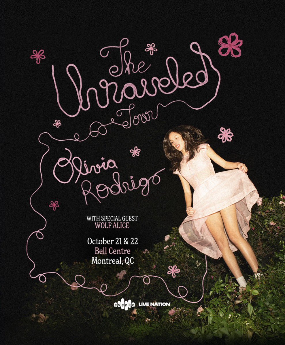 rodrigosdata's tweet photo. Montreal you’re up! Olivia Rodrigo takes “The Unraveled Tour” to Canada starting with two nights in Montreal, today and tomorrow. 

🏟️Bell Centre Montreal, Canada   
👤 Capacity: 42,210 (21,105 per show)
🚪Doors open: 6:00PM. 
🎸 Opener: Wolf Alice
🎤Show start: 7:00PM. 
Whoever is attending have fun! 
#UnraveledinMontreal