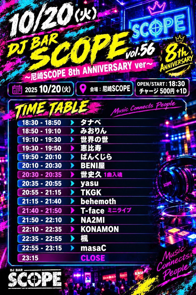 Tface_Singer's tweet photo. 【⚠️LIVE情報⚠️】
《🔴本日🔴》
2026.10.20(火)
兵庫尼崎SCOPE
『DJ Bar SCOPE vol.56
-尼崎SCOPE
8th ANNIVERSARY ver-』
OPEN/START18:30
料金500円[+1Dおつまみ付]

⭕️20時10分出演⭕️
⬆️DJ BENI屋として出演⬆️

⭕️21時40分出演⭕️
⬆️LIVE T-faceとして出演⬆️

皆様の
ご来場お待ちしてます🙌 https://t.co/uat0k1ECP1