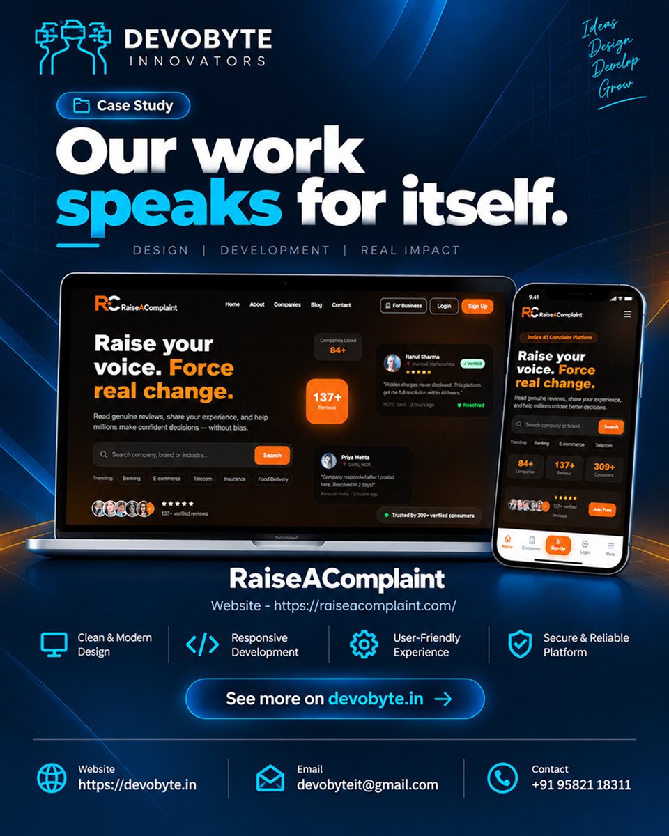 devobyte's tweet photo. Take a look at RaiseAComplaint— platform showcasing modern design, responsive development, and a user-friendly experience, built by Devobyte Innovators. 🚀
📩 Contact us today!
🌐 https://t.co/cYwL9ji230

#DevobyteInnovators #WebDevelopment  #BusinessGrowth #DigitalTransformation https://t.co/MahJvFJiXy