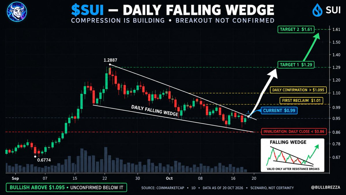 BullBrezza's tweet photo. $SUI may be preparing its next expansion-but the breakout is not confirmed.

After the impulse from $0.677 to $1.289, price has produced lower highs and lower lows inside two converging trendlines.

That is a developing daily falling wedge.

The bullish argument:

• Volatility is contracting near the apex

• Price remains above the rising daily MA200 at $0.864

• $0.95 continues to attract demand

But sellers retain short-term control. Price remains below the MA7 at $1.005 and MA30 near $1.095, while MACD is negative and RSI is below 50.

First reclaim: $1.01

Real confirmation: daily close above $1.095

Confirmed targets:

$1.29 → $1.61 → $1.93–$2.00

Losing $0.95 exposes $0.91–$0.86. A daily close below $0.86 invalidates the setup.

The wedge represents pressure-not confirmation.