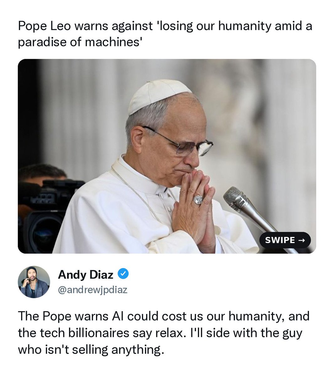 gomesjuana7rs's tweet photo. Pope Leo XIV just put Big Tech on blast, warning we risk “losing our humanity amid a paradise of machines. ” He says AI fears aren’t fake news and should be taken seriously. So why do billionaires want us to stop asking questions? https://t.co/WLjYn5Pe0N