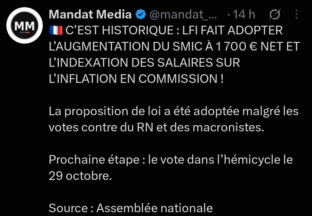 ToddVousGuette's tweet photo. LFI qu'on accuse de détruire le pays vient de faire voter l'augmentation des salaires à la fois du minimum net et via l'indexation sur l'inflation 👇 https://t.co/zBeyekVrVj