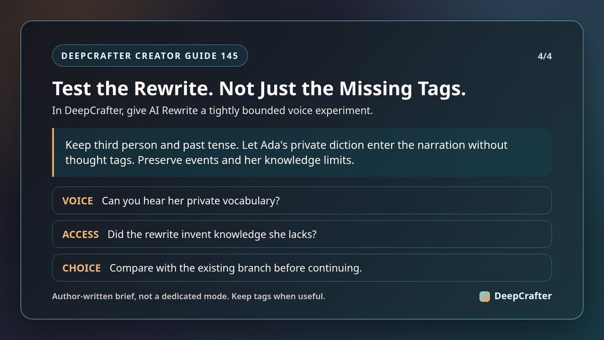 DeepCrafter_AI's tweet photo. Your third-person narrator can borrow a character's voice without switching to "I."

"The committee had rejected her. Naturally. What else did those velvet chairs ever produce?"

Creator Guide #145: free indirect discourse, beyond deleting "she thought."

#WritingTips https://t.co/4s5axbvdaE
