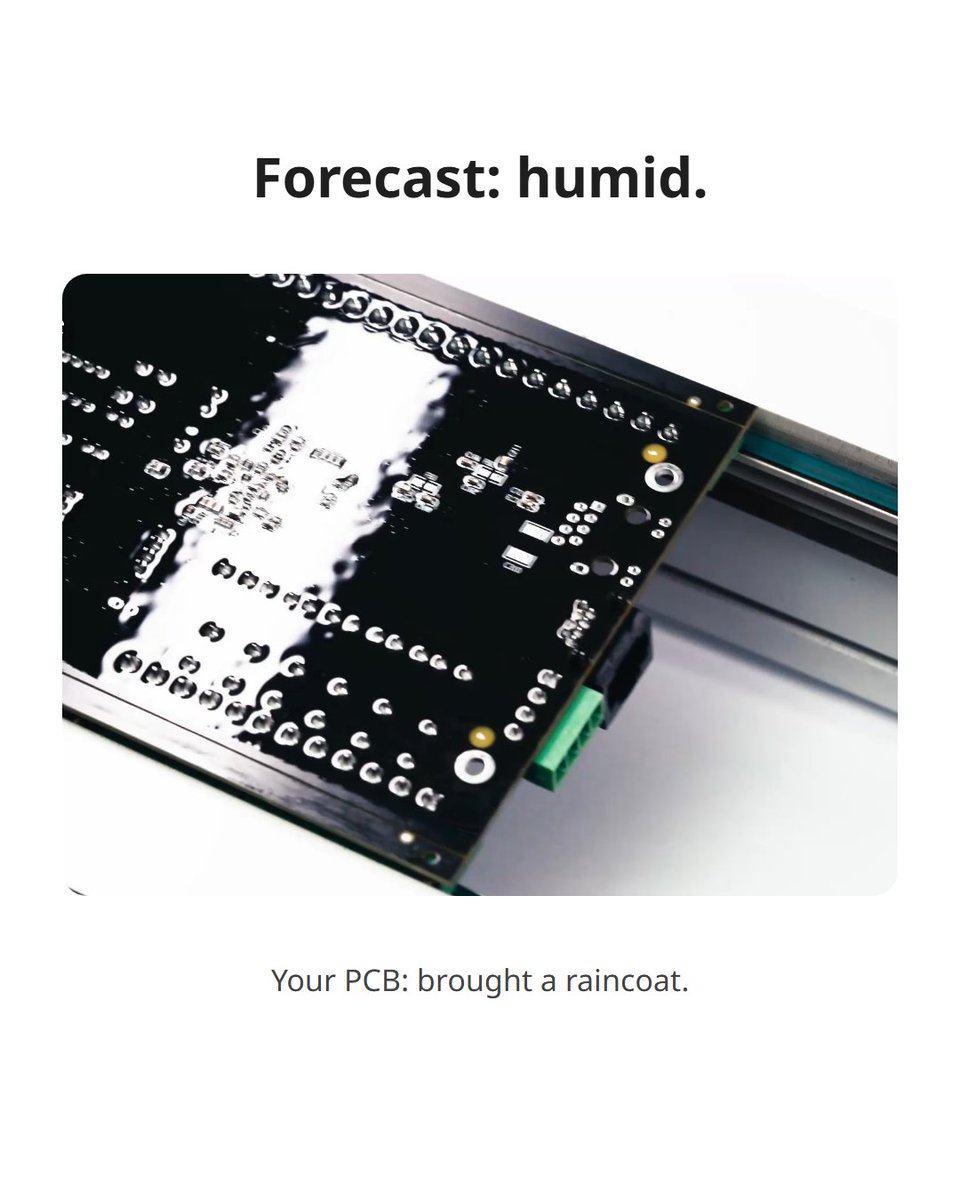 JLCPCB's tweet photo. Forecast: humid. Your PCB: brought a raincoat. ☔

It's conformal coating, a thin acrylic layer that helps keep out moisture and dust.

On Standard PCBA, we coat the whole board unless your order remark says otherwise (with images).

#PCBA #JLCPCB https://t.co/PmocyyvAPZ