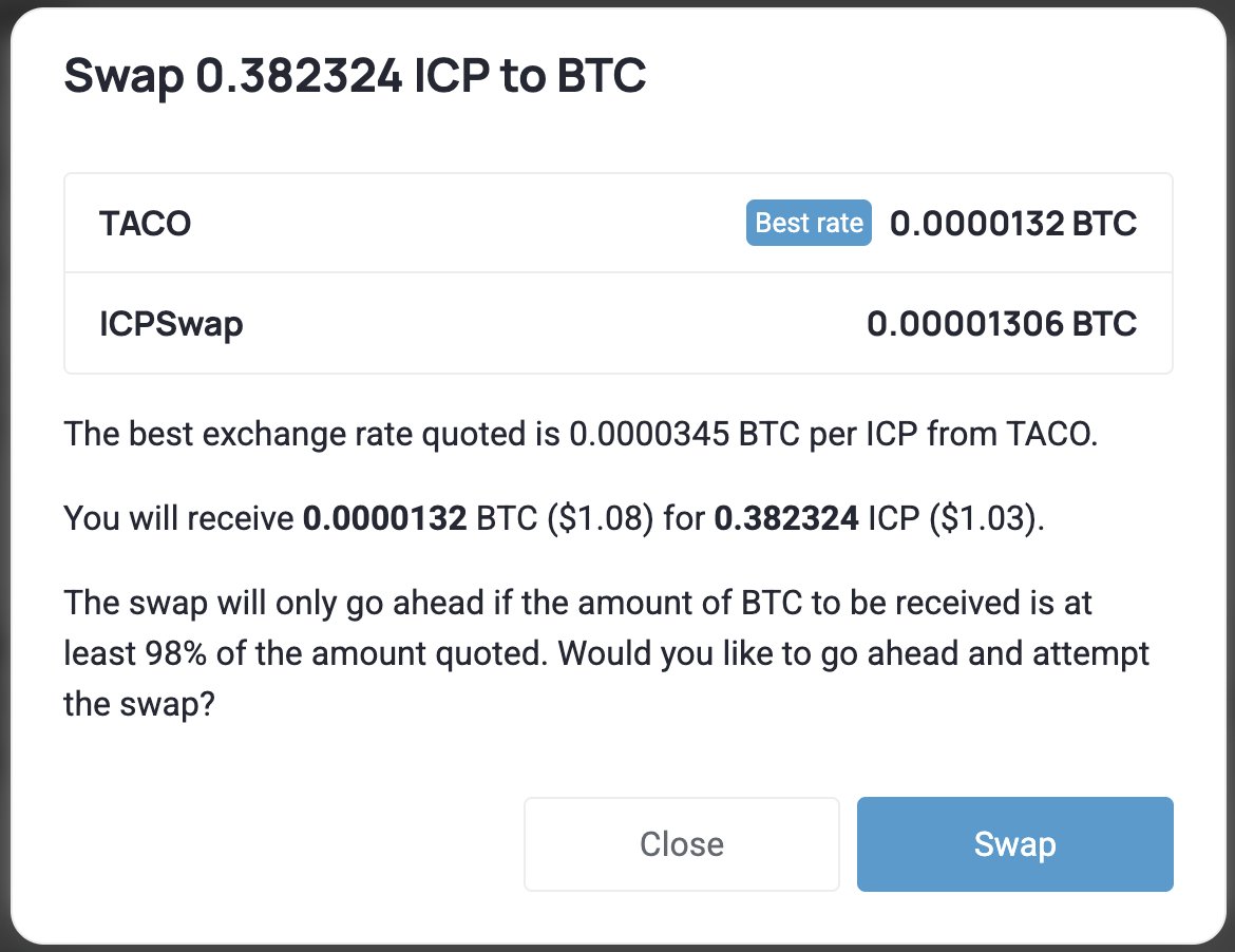 OpenChat's tweet photo. OpenChat is now integrated with both @ICPSwap and @tacodaoicp for swaps!

It'll get quotes from both, then proceed with the best one. https://t.co/2lTGczHwxI