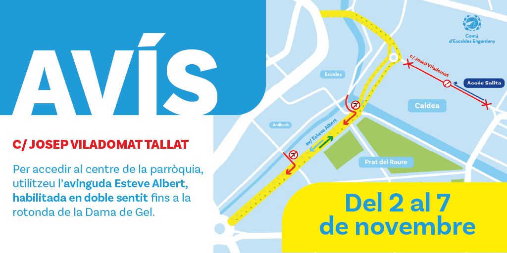 comuee's tweet photo. ⚠️🚧 Del 2 al 7 de novembre, tall del c. Josep Viladomat per les obres de desmuntatge de la grua de Caldea.

↔️ L’av. Esteve Albert estarà habilitada en doble sentit i hi haurà canvis en la circulació.

ℹ️ Consulta els detalls aquí https://t.co/XTQdNpzk7O 

#EscaldesEngordany https://t.co/HmhR3XrhJ4