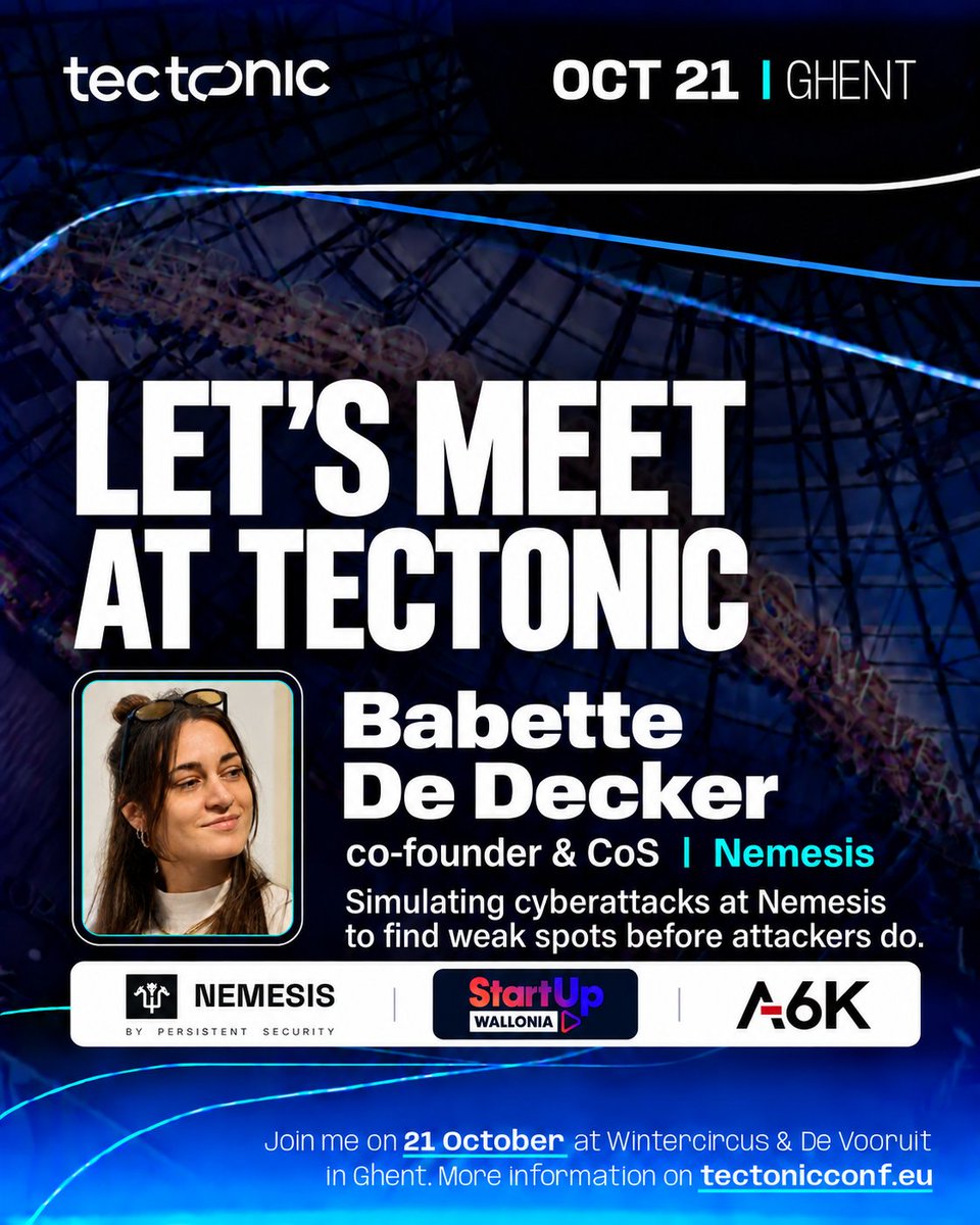 Persistent_Psi's tweet photo. We’re heading to Techtonics! 

Our co-founder Babette De Decker will be there representing Nemesis, ready to catch up w familiar faces, make new connections and talk about where defenses break down. 

If you're attending, come say hi 👋

#Techtonics2026 #Networking #cybersecurity https://t.co/VPU2TiMZVv