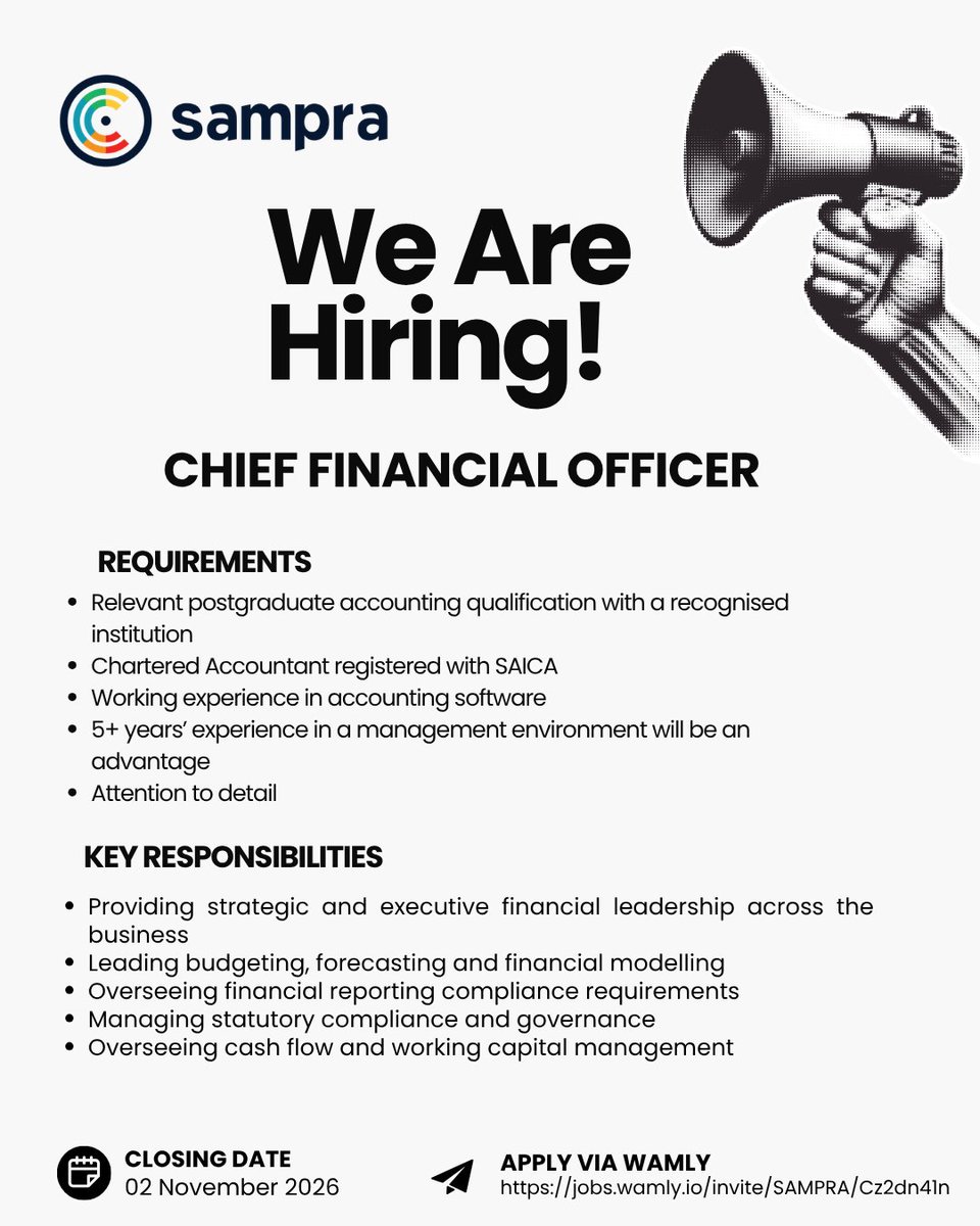 OfficialSAMPRA's tweet photo. South African Music Performance Rights Association (SAMPRA), a Neighbouring Rights Collective Management Organisation (CMO) based in Parktown, Johannesburg, has a vacancy for a Chief Financial Officer. This is a permanent position that reports to the Chief Executive Officer. https://t.co/Jm0MxnM5PQ