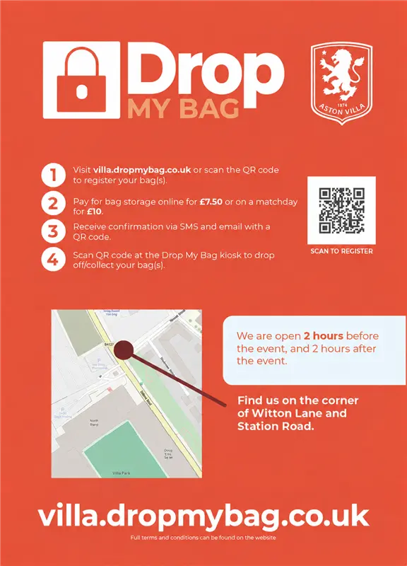 AVFCSupport's tweet photo. 🎒 Aston Villa is now operating a bag drop facility for all fixtures played at Villa Park. The bag drop facility is located on our Witton Lane car park where Witton Lane meets Station Road. 

The storage fee is £7.50 per bag and you can find out more information and register your bag(s) at https://t.co/lirpcq7GJY. 

#AVFC