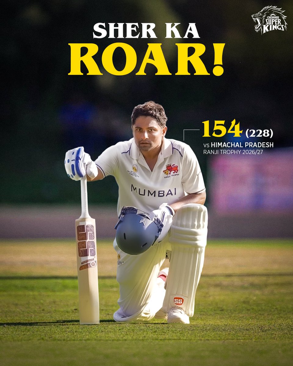 ChennaiIPL's tweet photo. Century iconic, celebration even more iconic! 🦁💯

Top form, Sarfu! 🔥

#WhistlePodu #RanjiTrophy 
📸 : Sarfaraz Khan https://t.co/jyy16XACcM