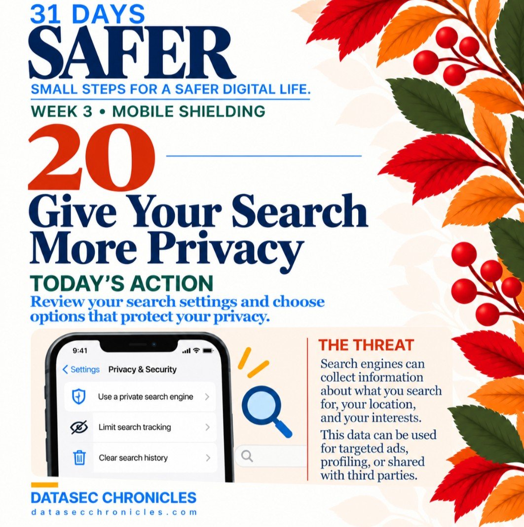 DataSecChron's tweet photo. Day 20 of #31DaysSafer π
Today: Give Your Search More Privacy.
Have you ever searched for something online and started seeing related ads everywhere?
Search engines can collect information about what you search for, your location, and your interests.
Take a few minutes to review your search settings.
Consider trying a privacy-focused search engine, limiting search tracking, and reviewing your saved search history.
Small changes can help reduce how much information is collected about your online activity.
One small step. One day safer. π
#CybersecurityAwarenessMonth #DigitalHygiene #InfoSec