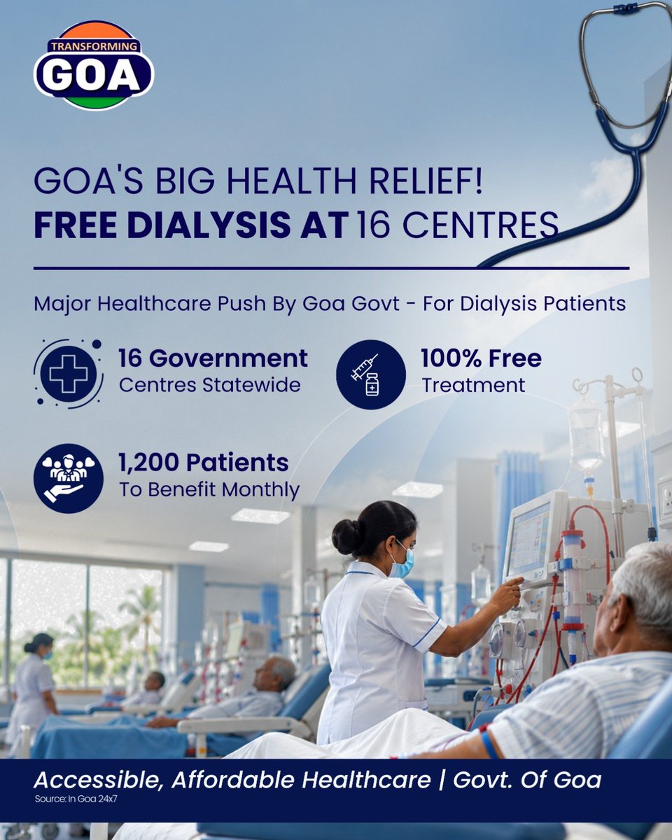 TransformingGoa's tweet photo. Free dialysis treatment at 16 government centres across Goa, with around 1,200 patients expected to benefit monthly — making essential healthcare more accessible.

#Goa #Healthcare #TransformingGoa https://t.co/wOaIaNBmfN