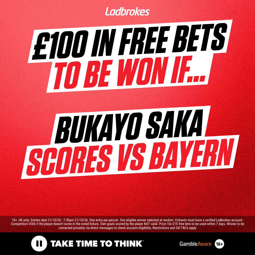 Ladbrokes's tweet photo. If Bukayo Saka scores against Bayern Munich, one of YOU will win £100 in free bets 🤑

1️⃣ Reply with Saka's shirt number for Arsenal
2️⃣ Repost and like this post
3️⃣ Follow @Ladbrokes 

One eligible entrant will be selected at random and win the prize! 🙌

Entries: 4pm 21/10/2026 - 7.59pm 21/10/2026. FULL T&C'S: https://t.co/21L800b7JZ