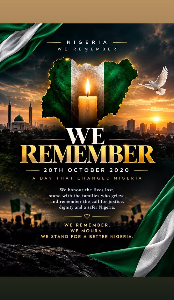 Dele_plug's tweet photo. A DAY THAT CHANGED NIGERIA.
20.10.20 - We remember the voices that were silenced, but whose echo still demands justice, peace and a better nation.
We remember. We mourn. We will not forget.
Rest in power. 🕊️🇳🇬 https://t.co/1I6kx3OXsz
