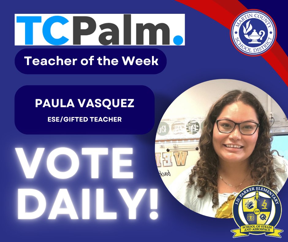 MCSDFlorida's tweet photo. 🎉VOTE NOW🎉 

Help us celebrate @TCPalm Teacher of the Week nominee Ms. Paula Vasquez of J.D. Parker Elementary School!

Her nominator praised her dedication to students and commitment to making them feel supported.

Vote today and every day through Friday afternoon: https://t.co/zASqllmvUv  

#ALLINMartin👊 #PublicSchoolPROUD #MartinMeansMore