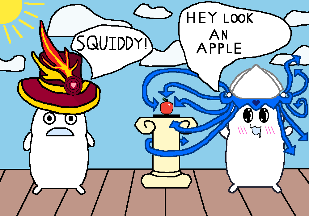 DarkNateThe1st's tweet photo. Day 20:  
Me: "Do you take us for idiots!? We never trust food from a pillar like that!"
@MightySquiddy: "Hey, look apple!" 
Me: "SQUIDDY!!!!" 
*explodes* 
#piwwotober https://t.co/ZSrmZmF40p