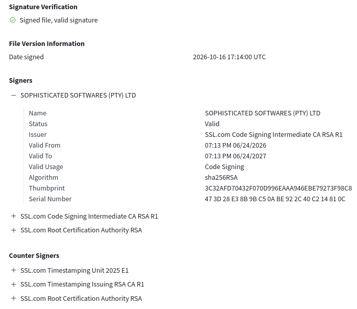 malwrhunterteam's tweet photo. Some sample: https://updatestates.blob.core\.windows.net/files/WindowsDefender.msi
A file named "WindowsDefender.msi" coming from Microsoft's network, with no AV vendor detecting it on VT and was signed using an SSL Corp given cert with name "SOPHISTICATED SOFTWARES (PTY) LTD" must be legit, right?
😂
🤷‍♂️