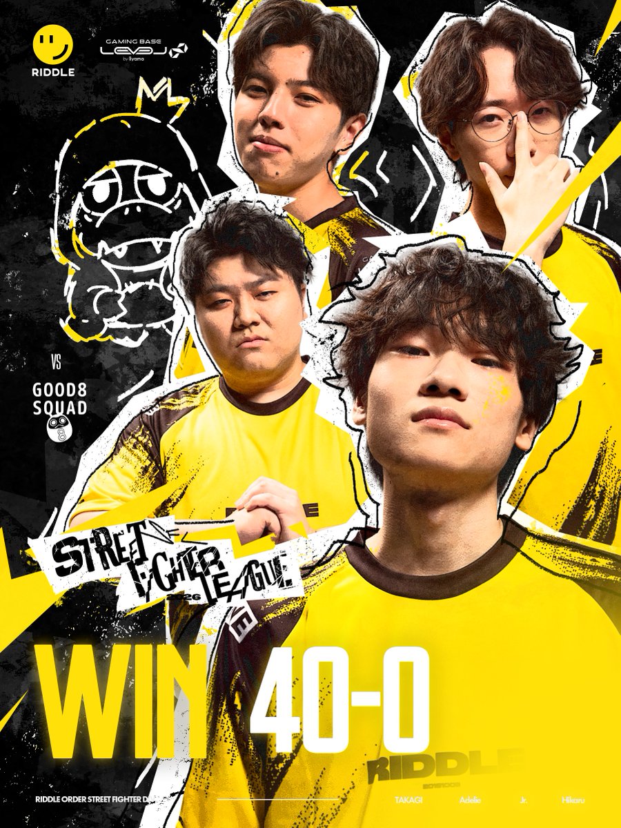 RIDDLEORDER's tweet photo. [ RIDDLE - #StreetFighter6 ]
STREET FIGHTER LEAGUE JAPAN 2026

vs Good 8 Squad

WIN｜40 - 0

Good 8 Squadとの一戦を40-0で制し、4連勝！！
勢いを止めることなく、次節も勝利を目指します🔥

本日もたくさんの応援ありがとうございました！

#RIDWIN #SFリーグ #ストリートファイター6 https://t.co/JBMBwx6dBD