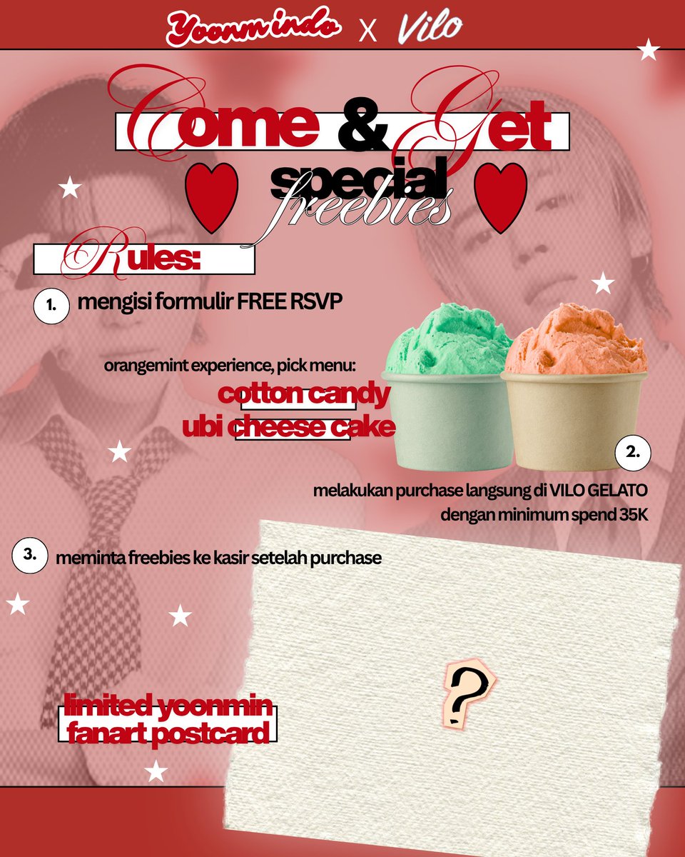 yaapjm13's tweet photo. #YOONMINDO proudly present, Yoonmin Gelato Date! Scoop your gelato and get the limited fanart postcard🍨🧡🩵

🗓️ December 28th 2026
📍 Vilo Dukuh Atas BNI
🕦 1 PM - 7 PM
🔗 FREE RSVP: https://t.co/j2yT1GjDxz

Note: RSVP ini tidak dipungut biaya sepeserpun.

#YOONMIN #SUGA #JIMIN https://t.co/rgQwBkWNqw