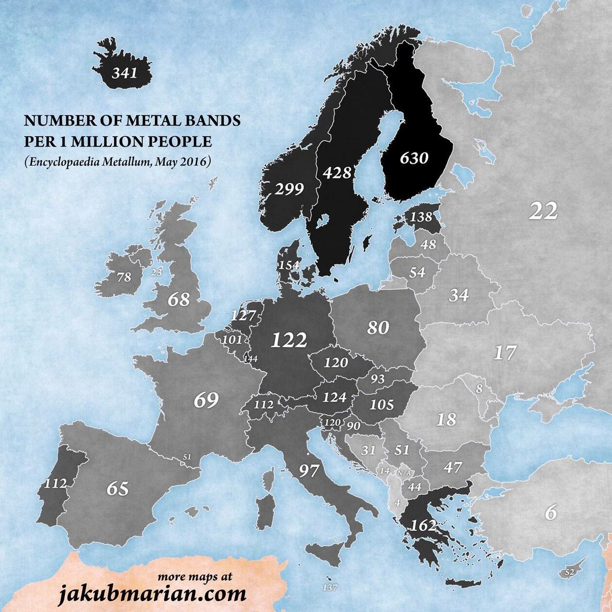 TheEpicStats's tweet photo. Metal bands per 1 million people (Europe) https://t.co/RtTVti8m8g