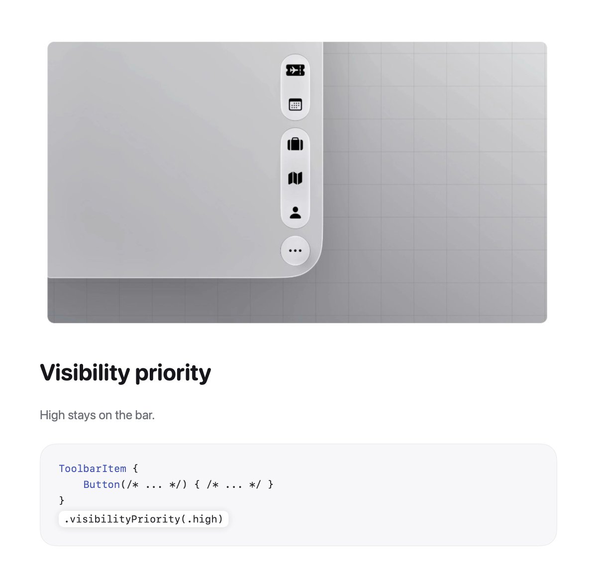 sarunw's tweet photo. If there isn't enough space, some items move to the overflow menu.

Assign .visibilityPriority to an item you want to survive an overflow. https://t.co/aS9NTrkBot