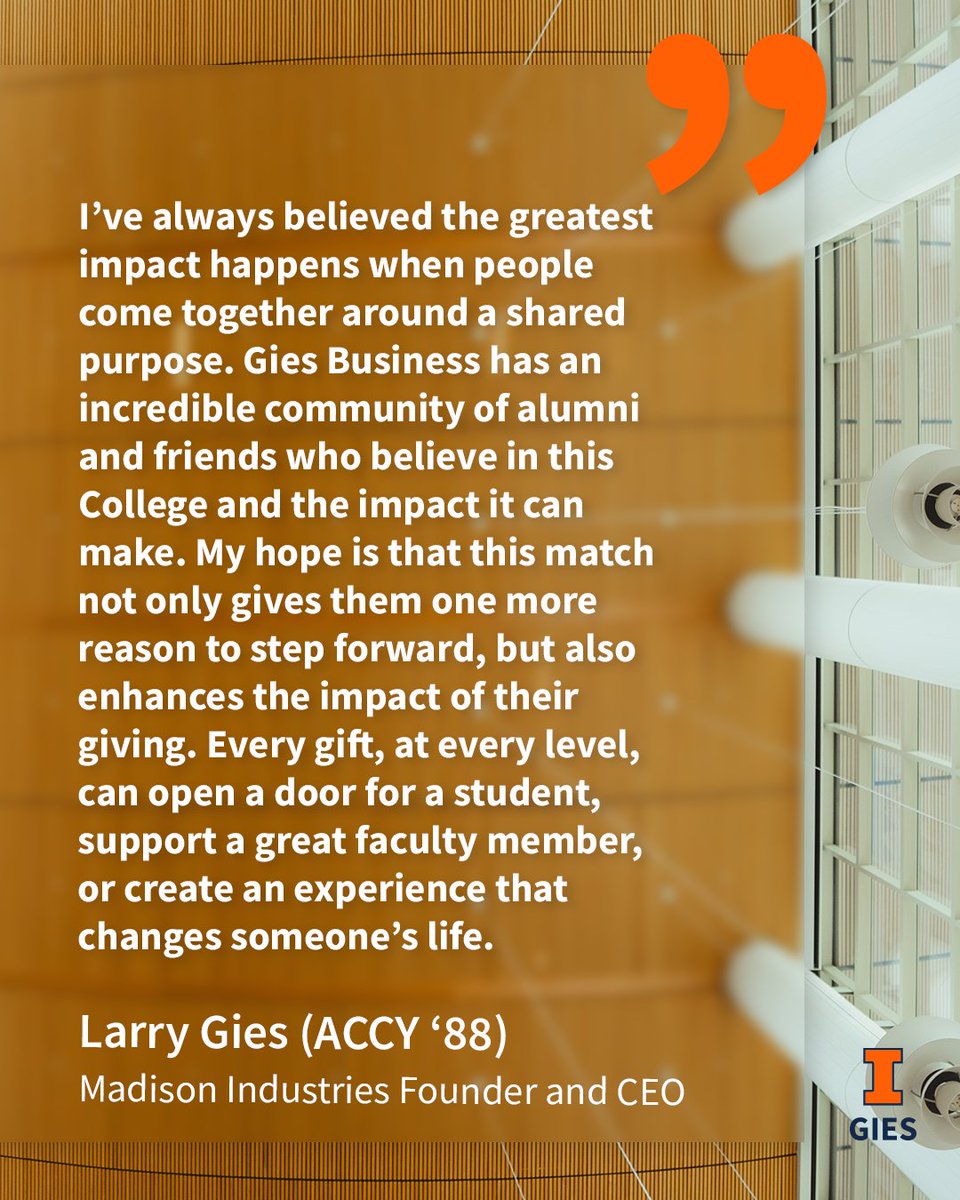 giesbusiness's tweet photo. Madison Industries Founder and CEO Larry Gies (ACCY '88) has announced a generous pledge of $100 million to Gies Business!

The pledge will match qualifying donations to support scholarships, enhance learner experiences, and ensure faculty excellence.

📰 https://t.co/44di4lF87Y https://t.co/Nc9b3FndyU