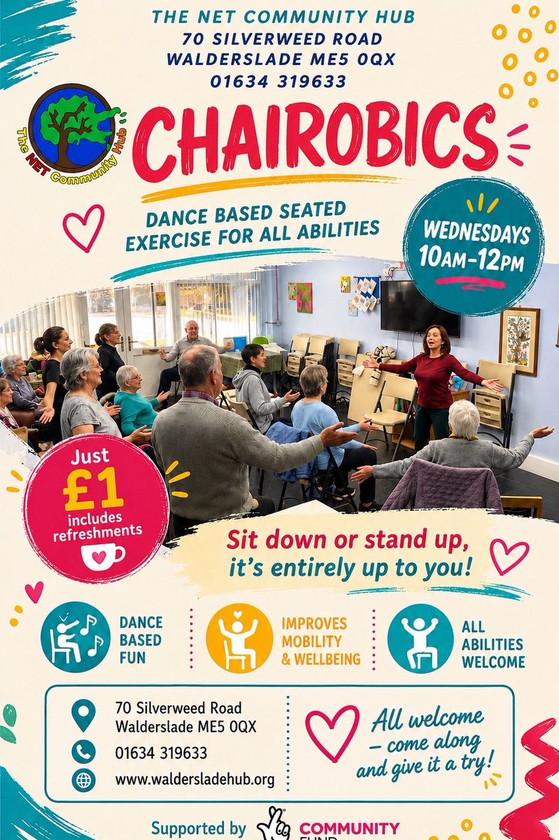 NetCommunityHub's tweet photo. Get fit without straining - our Chairobics session is on every Wednesday morning from 10am prompt start for 10:30-11:30, Booking only session and £1 per person includes refreshments. (Limited spaces, arrive at 10am for prompt start at 10:30am) https://t.co/qcmNmnleWA