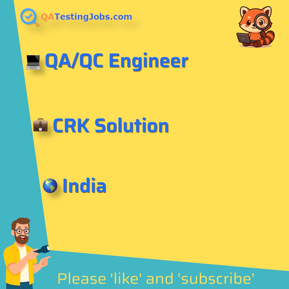 QATestingJobs's tweet photo. Title: QA/QC Engineer
Company: CRK Solution
Country: India
City: Bhopal
Employment Type: full-time
Location: onsite
Remote/Onsite: onsite
Visa Support:
Link: https://t.co/OQZ5HA1Hif #auditing #automationtesting #blackboxtesting #functionaltesting #manualtesting #multilocation https://t.co/TWp4IGV9Nc