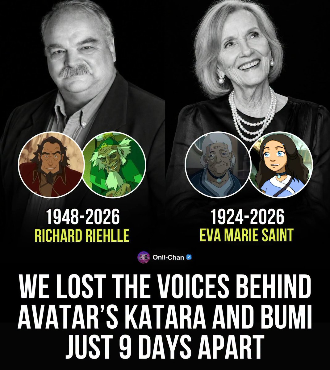 oniichanph's tweet photo. Within just 9 days, we lost two voices from the Avatar universe 😔

Eva Marie Saint, who voiced an elderly Katara, passed away at 102 on October 6. The Oscar-winning Hollywood legend had already left an extraordinary mark through On the Waterfront, North by Northwest, Superman Returns, and decades of film and television work. Reuters

Just nine days later, Richard Riehle, the voice of Bumi, passed away at 78. A prolific character actor with more than 400 credits, Riehle was also remembered as Tom Smykowski in Office Space, along with roles in Glory, The Fugitive, Bridesmaids, and numerous television series. AP News

Their careers could not have been more different, yet Avatar: The Legend of Korra gave them one special connection: they became the voices of two beloved characters from the original Avatar: The Last Airbender generation.

Katara and Bumi represented two very different pieces of that world, and their voices helped carry the story forward into a new era.

Two legendary performers. Two unforgettable voices. One shared place in the Avatar universe.

Their characters live on, and so will the performances they gave them. 🕊️❤️