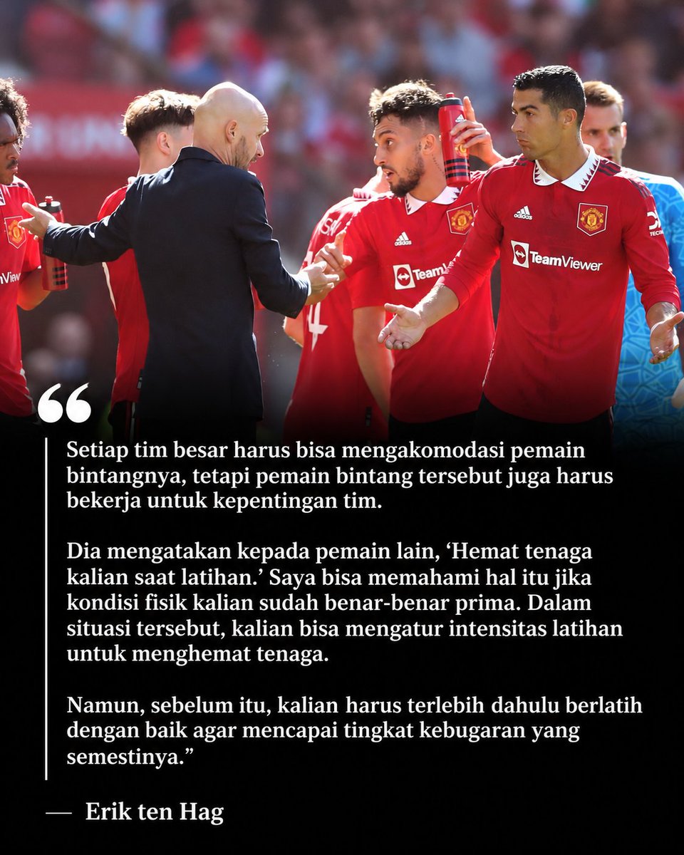 idextratime's tweet photo. 🗣️ Erik Ten Hag akhirnya angkat bicara mengenai hubungan dirinya dengan Cristiano ketika masih di United. :

• Saat Ten Hag mengadakan sesi lari hukuman (sekitar 13,8 km) setelah kekalahan 4-0 dari Brentford, Ronaldo hanya menyelesaikan 2 dari 3 putaran lari.

• Saat latihan, detak jantungnya tidak mencapai level yang diinginkan.

📝 @lauriewhitwell