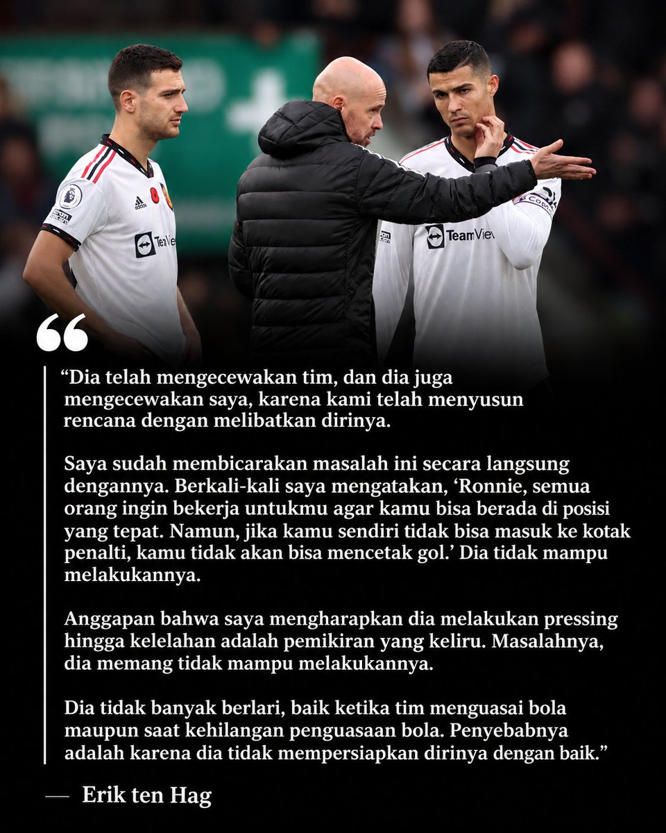 idextratime's tweet photo. 🗣️ Erik Ten Hag akhirnya angkat bicara mengenai hubungan dirinya dengan Cristiano ketika masih di United. :

• Saat Ten Hag mengadakan sesi lari hukuman (sekitar 13,8 km) setelah kekalahan 4-0 dari Brentford, Ronaldo hanya menyelesaikan 2 dari 3 putaran lari.

• Saat latihan, detak jantungnya tidak mencapai level yang diinginkan.

📝 @lauriewhitwell
