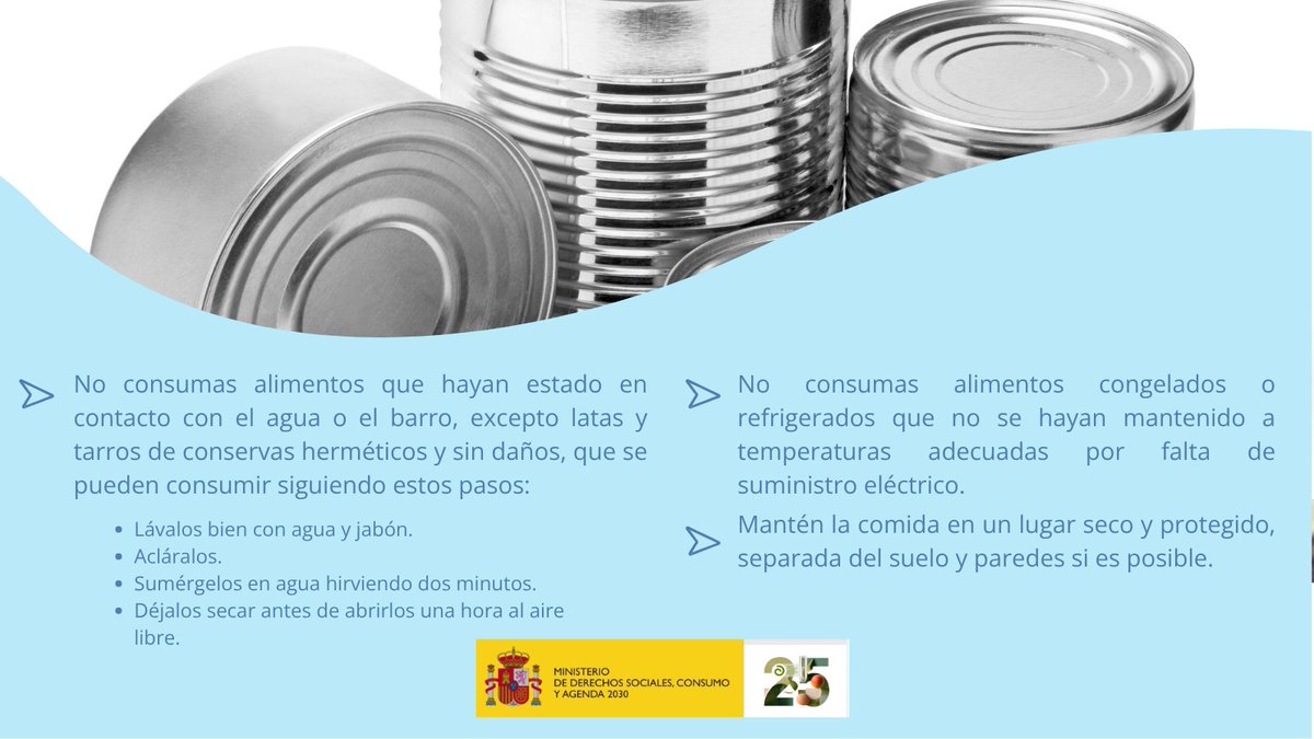 AESAN_gob_es's tweet photo. 💧 Agua potable y recomendaciones tras una inundación
🌧️ Ante las inundaciones provocadas por las lluvias de los últimos días, compartimos recomendaciones para proteger la salud y la seguridad alimentaria en los hogares afectados. 🏠
🚰 Consulta las indicaciones sobre el consumo de agua, la conservación de alimentos 🥫y la limpieza tras una inundación 🧽, y sigue siempre los avisos de las autoridades locales y sanitarias. 📢
📲 Comparte esta información para que llegue a quienes puedan necesitarla. 🤝
#SeguridadAlimentaria #AguaPotable #Inundaciones @MSocialGob @consumogob