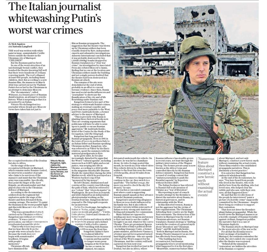wartranslated's tweet photo. The Telegraph dedicated an extensive feature to a Russian "documentary" about the Mariupol Drama Theatre. Its main thesis: the theatre was not blown up by the Russians, but by the Ukrainians themselves, in their own home, to smear Moscow. 

The author of the film, "The Witnesses", is Vittorio Nicola Rangeloni, an Italian currently living in occupied Donetsk who calls himself an "independent journalist."

 The film features alleged eyewitnesses who blame Azov for bombing the building. There is no evidence. Instead, there are memories that Rangeloni suggests taking as truth.
https://t.co/AMMedetoFA
