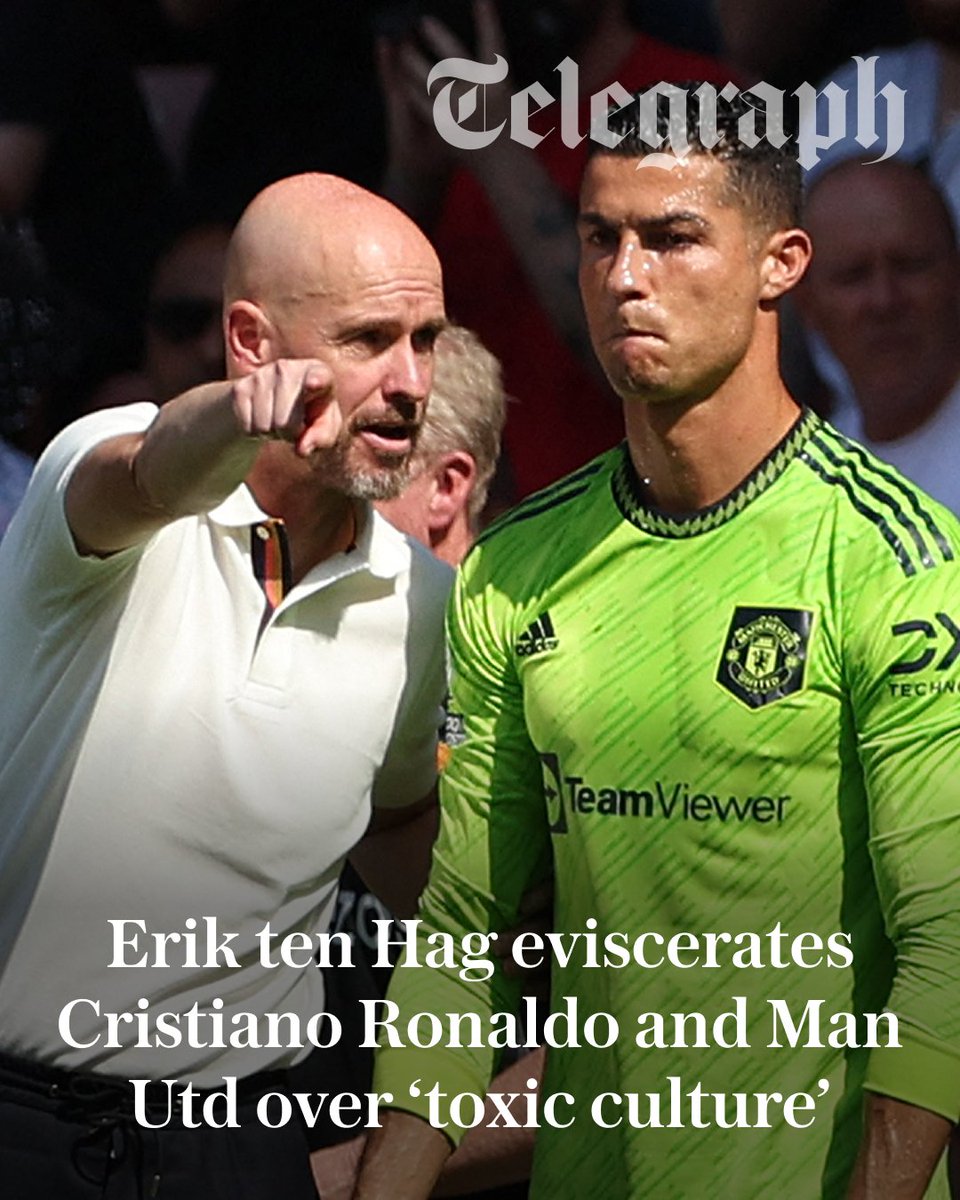 TeleFootball's tweet photo. Erik ten Hag has attacked Cristiano Ronaldo and also criticised Sir Jim Ratcliffe for fuelling a “toxic culture” after failing to back him on disciplinary matters relating to Marcus Rashford, Jadon Sancho and other first-team players.

"He let the team down, and he let me down."

@Tom_Morgs has more ⤵️
https://t.co/el3iseu9gz