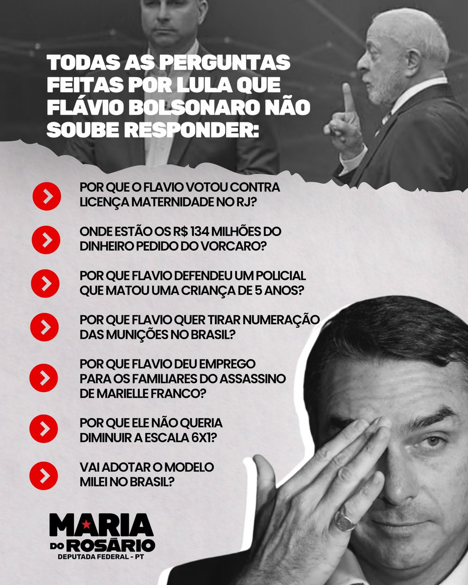 mariadorosario's tweet photo. 🚨 PERGUNTAS SEM RESPOSTAS. O BRASIL QUER SABER!

Lula já deu exemplo ao abrir seus sigilos. E Flávio Bolsonaro, vai fazer o mesmo? Estamos esperando as respostas e a transparência sobre todas essas questões.

No dia 25, não caia em farsas: o Brasil precisa de compromisso com a verdade, a democracia e o povo brasileiro.

🇧🇷 Lula presidente! 13! ⭐️❤️