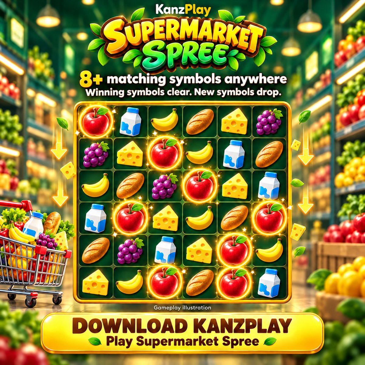 kanzplaysa's tweet photo. Your shopping list just got interesting. 🛒

In Supermarket Spree, 8 or more matching symbols anywhere on the grid trigger a win. Winning symbols clear, new ones tumble in, and multiplier symbols add a twist.

Which grocery symbol catches your eye? 🍎🧀

#KanzPlay https://t.co/Qlbk5AYmlO
