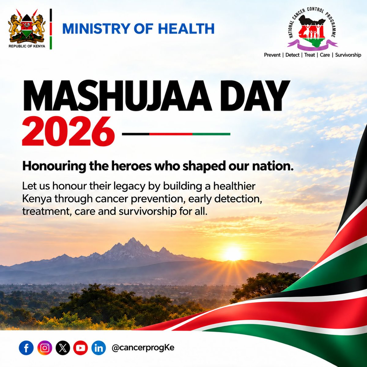 CancerProgramKE's tweet photo. This #MashujaaDay2026, the National Cancer Control Program (NCCP), Ministry of Health, honours our heroes and reaffirms its commitment to a healthier Kenya through cancer prevention, early detection, treatment, care and survivorship for all.
#NCCP #MOH_Kenya https://t.co/JBdklId3V9