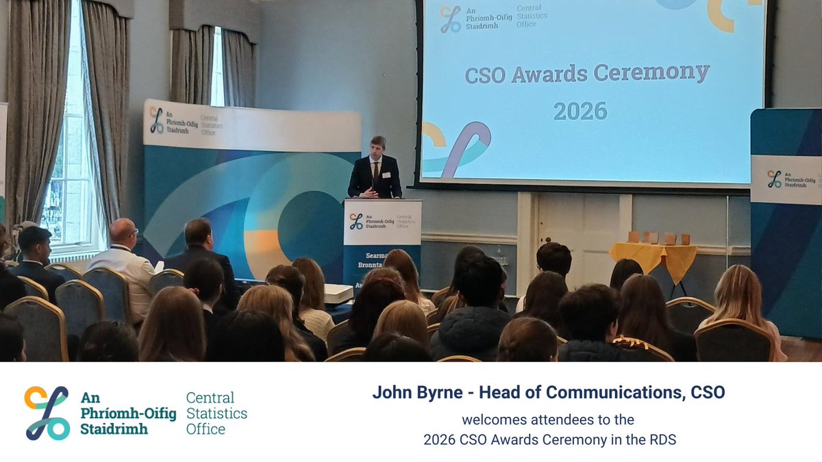 CSOIreland's tweet photo. Welcome to the CSO Awards

Head of Communications at the CSO, Jon Byrne, welcomes guests and prize winners to the 2026 CSO Student Awards Ceremony taking place today in @TheRDS 

#CSOEvents #CSO #CSOAwards https://t.co/91FND4bzwu