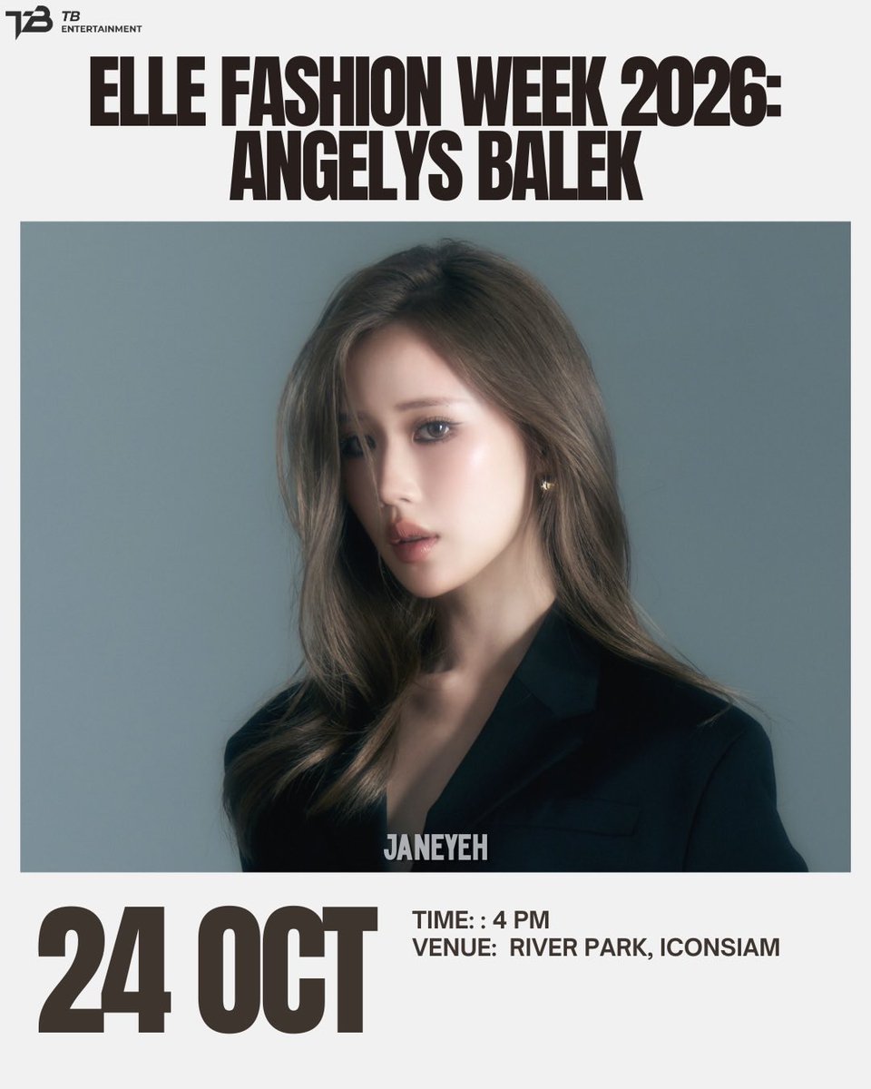 janeyeh_us's tweet photo. Schedule updates for October 24, for @janeeeyeh’s appearance at ELLE Fashion week. 

She is appearing in 3 time slots, for several lines: Angelys Balek, Asava, and NICHp.❤️💙💜

#janeeyeh #เจนเย่ 
[tb_entofficial IG, Oct 20, 2026] https://t.co/dTuZIPZgtf