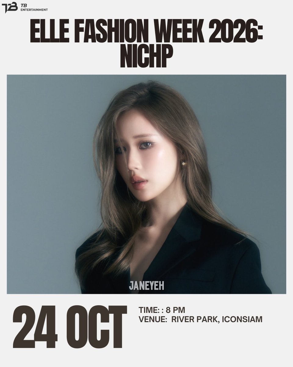 janeyeh_us's tweet photo. Schedule updates for October 24, for @janeeeyeh’s appearance at ELLE Fashion week. 

She is appearing in 3 time slots, for several lines: Angelys Balek, Asava, and NICHp.❤️💙💜

#janeeyeh #เจนเย่ 
[tb_entofficial IG, Oct 20, 2026] https://t.co/dTuZIPZgtf