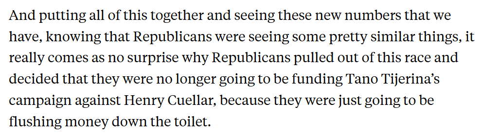 GregTSargent's tweet photo. Striking: Dems growing optimistic about sweeping all four of the big House races in South Texas. If doable, that's seismic.

DCCC's @MadsSinclair tells us on the pod that internal polling has Trump -23 in TX-28, which he won by 10 points.

Transcript:

https://t.co/N1l8SpR4YG https://t.co/QhIpAAMM9J
