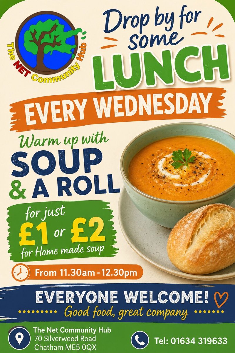 NetCommunityHub's tweet photo. Drop by for some lunch every Wednesday - Warm up with soup and a roll for just £1 11.30am-12.30pm. All welcome. https://t.co/C6ItxwI0YS